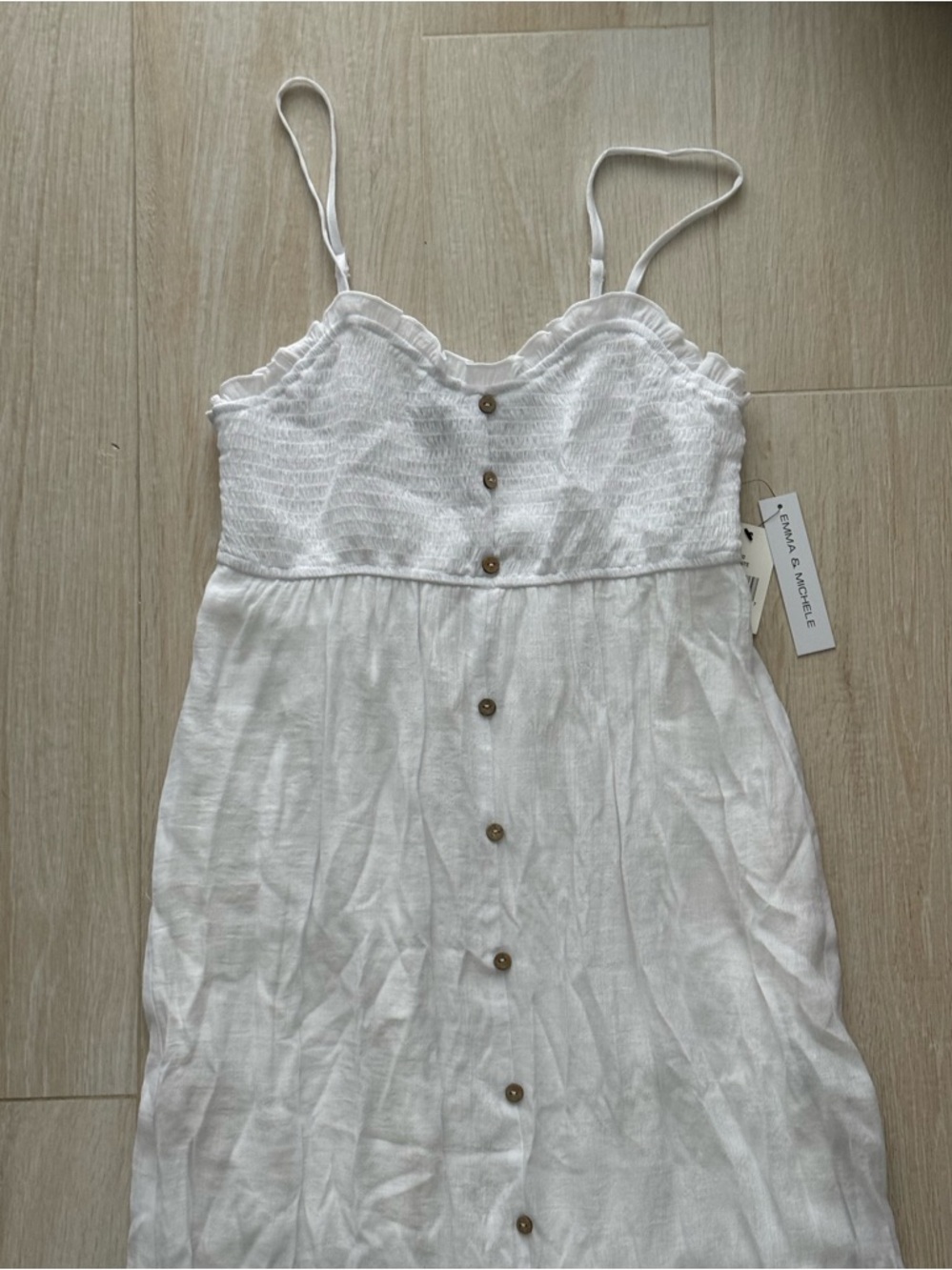 Emma & Michele White Smocked Spaghetti Strap Linen Dress